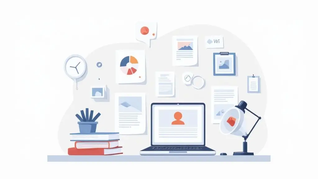illustration of laptop on desk with lots of documents and concepts on the pinboard