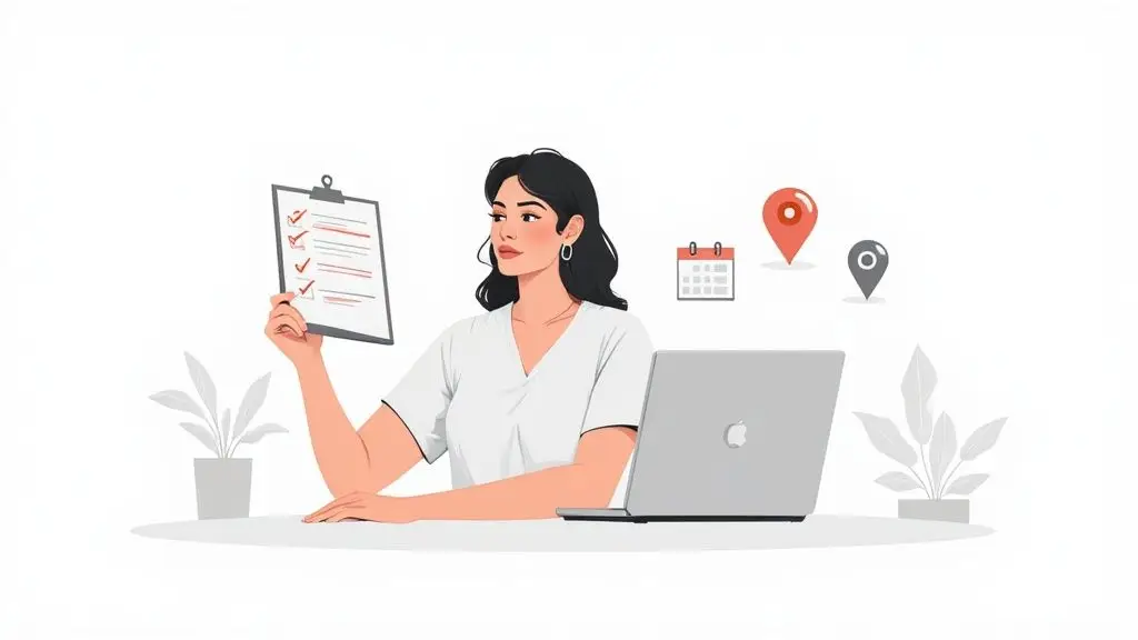 A woman at a desk holds a checklist; a laptop, calendar, and location pins are nearby.