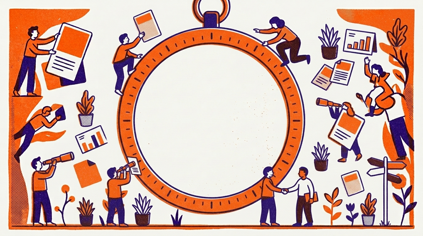 featured risograph illustration lots of small characters looking for a marketing agency